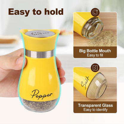 Salt and Pepper Shakers Set, 4 oz Stainless Steel Salt Shaker with Holder, Farmhouse Salt Pepper Shaker Containers with Glass Bottom for Kitchen Cooking Table, BBQ, Bar, RV, Camp (Yellow)