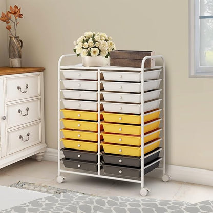 COSTWAY 20-Drawer Rolling Storage Cart, Multipurpose Storage Trolley on Wheels for Home Office School (Yellow, Beige & Grey)