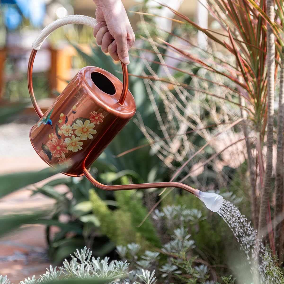1/2 Gallon 68oz Long Spout Stainless Steel Flower for Indoor Plant Watering or Outdoor Gardening with 2 Removable Spray Spout for Flowers Plant Hummingbird Pattern Watering Can, Bronze