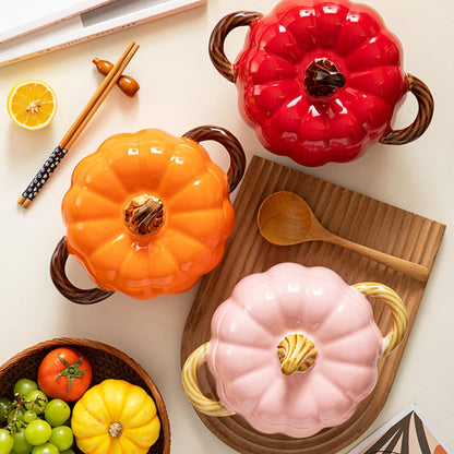 Dutch Oven Pot with Lid, Pumpkin Pottery Dessert Saucepan, Mini Baking Dish Cute Pumpkin Bowl, Covered Dutch Oven Ceramic Stockpot, Pumpkins-Shaped Casserole (Orange)
