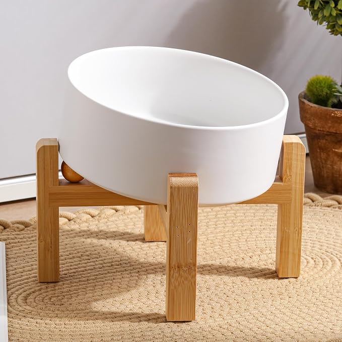 White Elevated/Raised 15°Tilted Anti Slip Ceramic Dog Bowl for Medium & Large Breeds,Slanted Bulldog Big Face Pet Feeding Food Water Dish Stand for Dogs (7.6 Cups/60OZ)