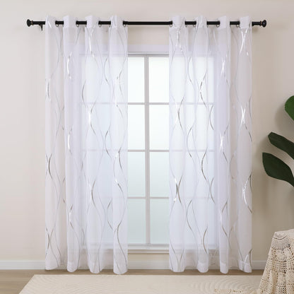 L.Z.E White and Silver Curtains for Living Room, See Through White Sheer Curtains 84 Inches Long 2 Panels Set, Grommet Transparent Window Drapes with Elegant Wave Patterns