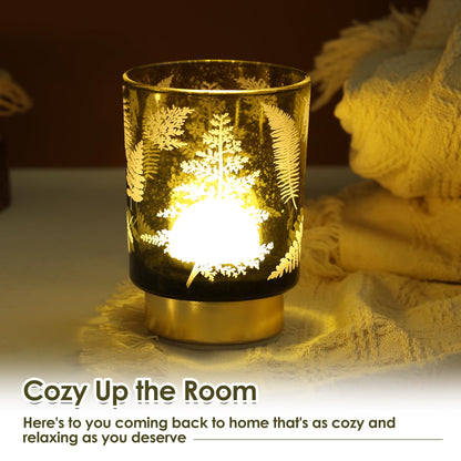 Eywamage Small Battery Operated Glass Table Lamp, Boho Green Ferns Mood Light with Remote, Cordless Bedside Accent Lamp Room Decor