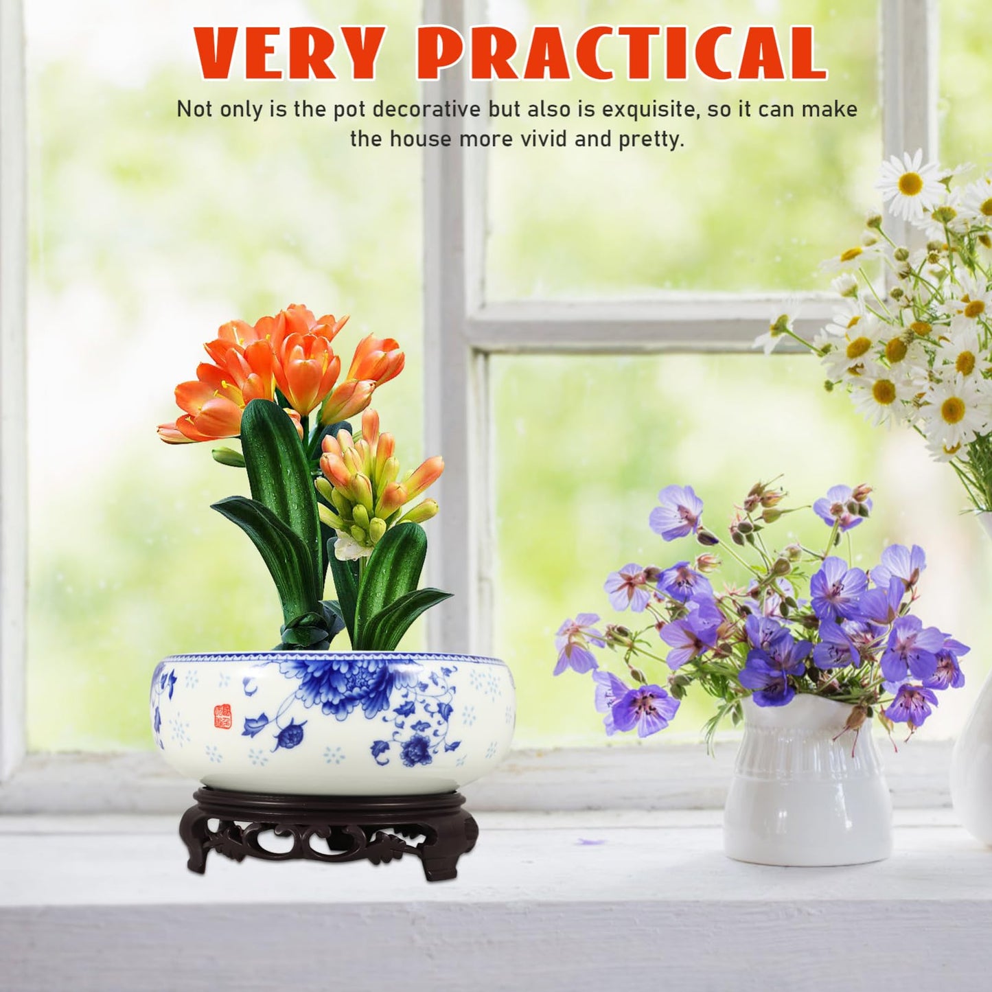 DOITOOL Ceramic Flowerpot Small Hydroponic Daffodil Pot with Base Indoor Bonsai Plant Container for Water Lily Lotus and Succulents 4.13X6.3X4.13 Inches