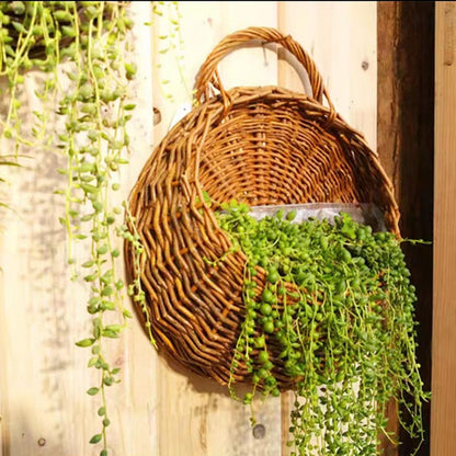 QRZLP Wall Hanging Flower Basket, Handmade Wicker Hanging Basket for Plant Wall Mount Rattan Chlorophytum Comosum Hanging Basket for Front Door, Home, Garden. (S)
