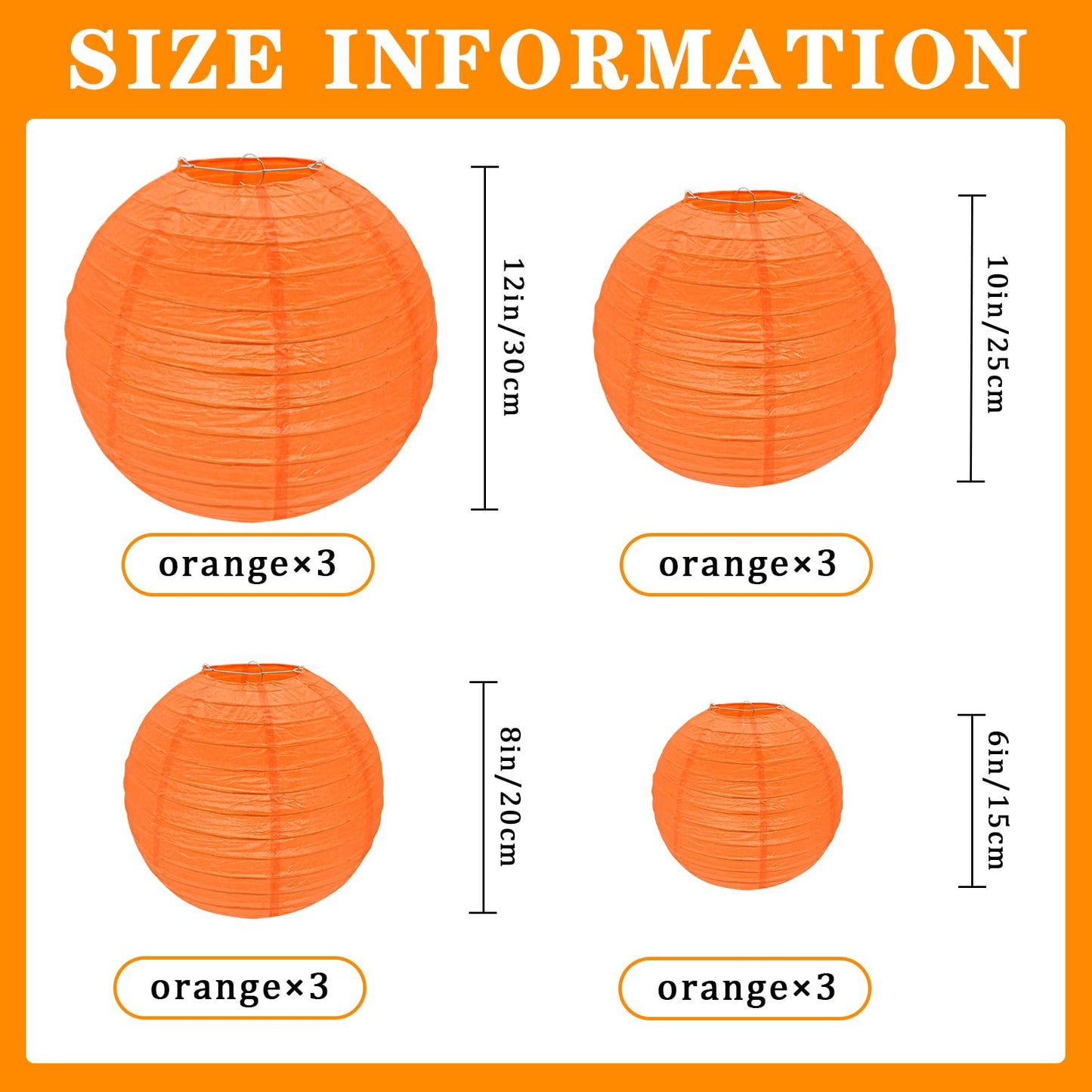 Orange Paper Lanterns, 12Pcs 6-12 Inch Round Hanging Party Decorations