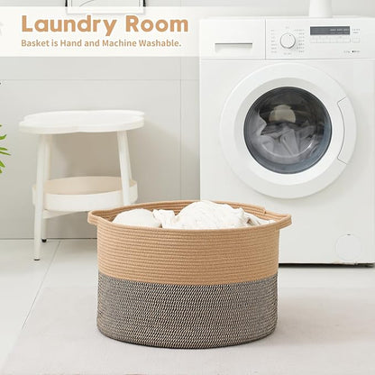 Foldable Laundry Hamper Basket with Collapsible Handle Cotton Rope Soft Woven Fabric Storage Organizer Clothes Toys Nursery Bedroom Dorm Space Saving Bin (Camel & Mix Camel, 80L(21.7"D x 13.8"H))