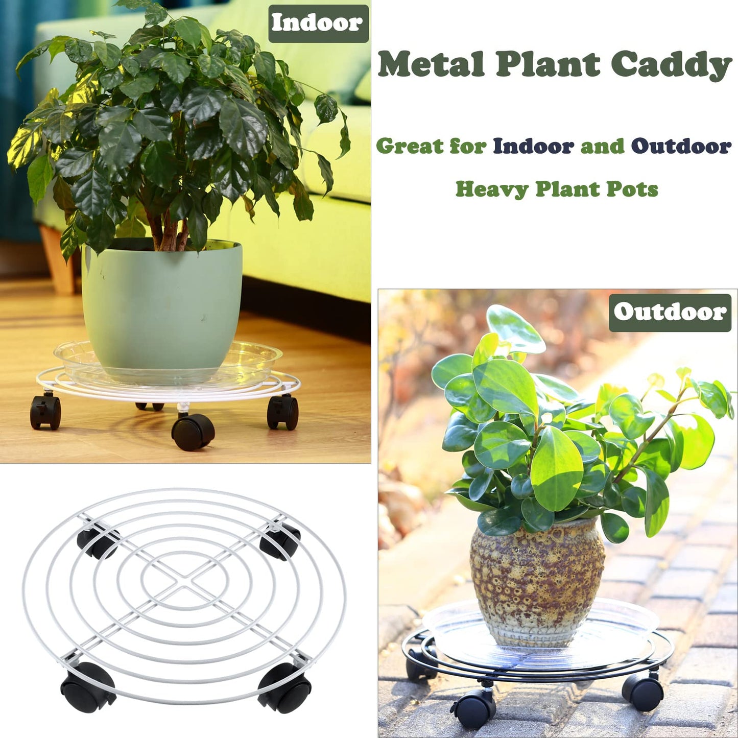 Planterhoma 3 Packs Large Metal Plant Caddy 13.8 Inches Plant Dolly with Wheels Heavy Duty Iron Rolling Plant Stand with Casters for Indoor and Outdoor Plant Pot Rollers White, 3-pack Plant Saucers