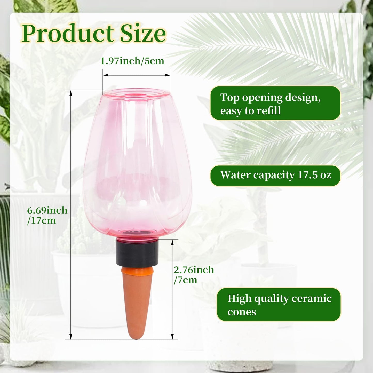 GEWOSI 6pcs Plant Self Watering Globes, Plastic Water Bulbs Top Fill, 12.3 oz Plant Watering Devices System Slow Release Terracotta, Water Spikes Stakes for Indoor (Pink-6pack)
