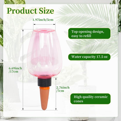 GEWOSI 6pcs Plant Self Watering Globes, Plastic Water Bulbs Top Fill, 12.3 oz Plant Watering Devices System Slow Release Terracotta, Water Spikes Stakes for Indoor (Pink-6pack)