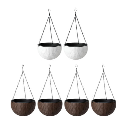 LaLaGreen Bundle- 4 Pack, 11 Inch Brown + 2 Pack, 11 Inch White Self Watering Hanging Plant Pots Round Plastic Flower Baskets with Metal Chain Rattan Style Deck Balcony Decor Porch Patio Indoor Garden