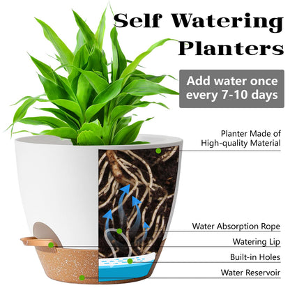 SE SUN-E Indoor Plant Pots for Lazy People, 5Pack White Plastic Self Watering Planter Pots for Houseplants,Succulent, African Violets,Snake Plants, Flowers and Cactus(7/6.5/6/5.5/5 Inch)