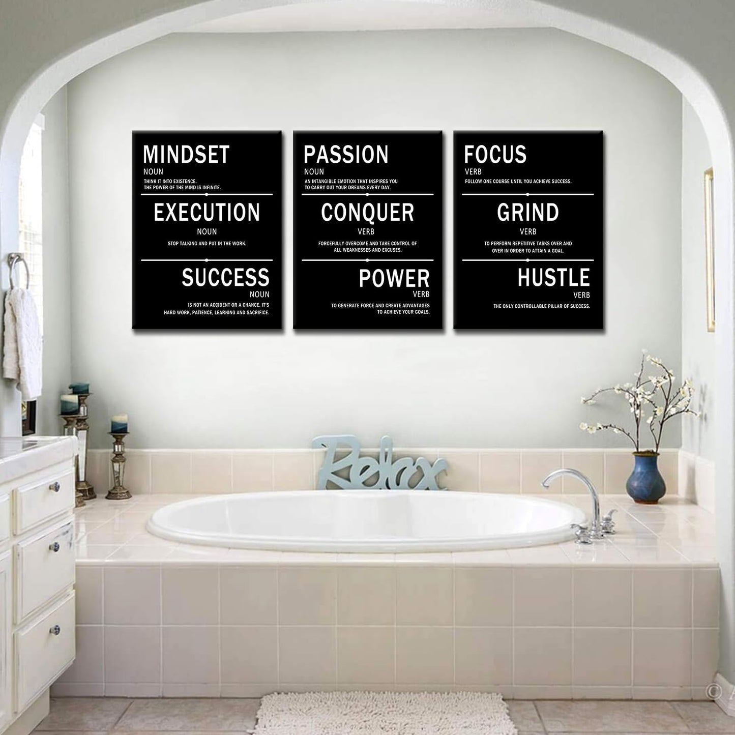 Mindset Execution Success Motivational Canvas Office 3 Piece Print Wall Art Inspirational Posters Modern Inspiring Artwork for Bedroom Classroom Decor Stretched and Framed [36''W x 16''H]