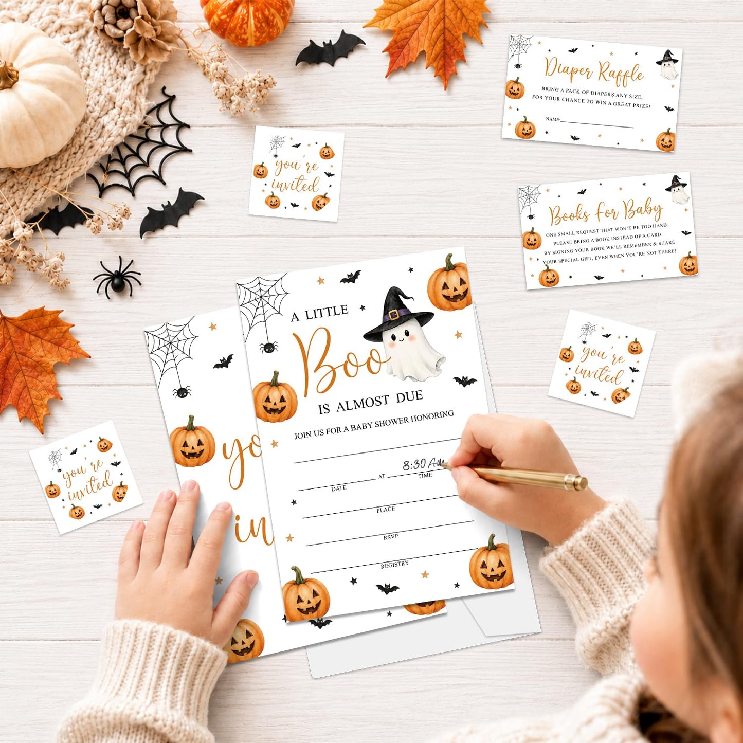 Halloween Baby Shower Invitations, A Little Boo Is Almost Due Ghost Pumpkin Baby Shower Invites, 25 Invitation with Envelopes, Book Request Cards, Diaper Raffle Tickets and Round Stickers -W03