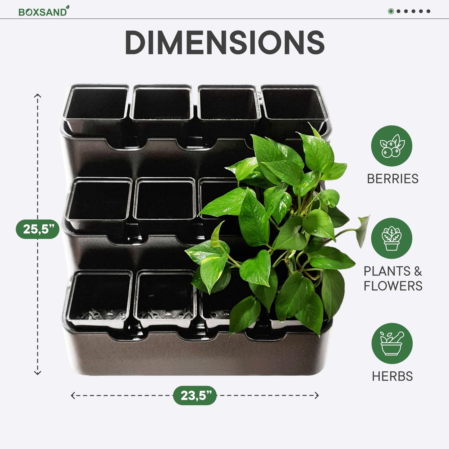 BOXSAND-12 Vertical Wall Planter (24"x26", Black with Square Pots) – Living Wall for 12 Plants, Indoor/Outdoor Vertical Garden System, Easy 2-Screw Install