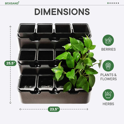 BOXSAND-12 Vertical Wall Planter (24"x26", Black with Square Pots) – Living Wall for 12 Plants, Indoor/Outdoor Vertical Garden System, Easy 2-Screw Install