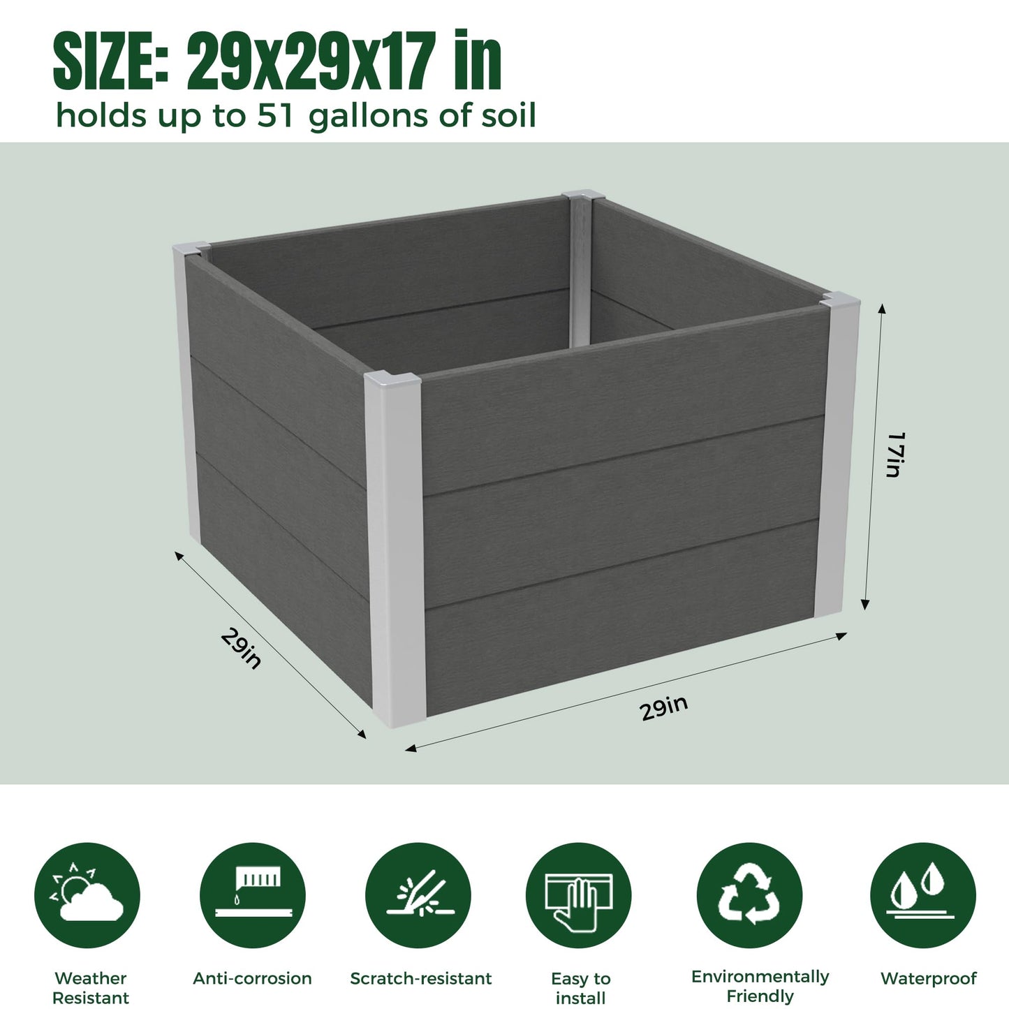solaroxy Modern Metal Planter Box 27" L x 27" W x 17" H, Large Square Planter Box with Drainage Bottom, Morden Design Outdoor & Indoor Flower Planter for Balcony, Patio, Yard