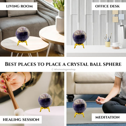 GEMSCITE Amethyst Natural 50-55 mm Gemstone Ball Sphere with Stand Hand Carved Crystal Altar Healing Devotional Focus Spiritual Chakra Cleansing Metaphysical Gift for Men Women from India