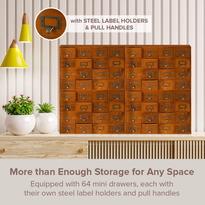 Huge 64-Drawer Wooden Storage Box Traditional Apothecary Curio Cabinet in Vintage Wood - Card Catalog Library Desk Drawer w/Label Holders Handles - Multi Level Countertop Arts and Craft Organizer