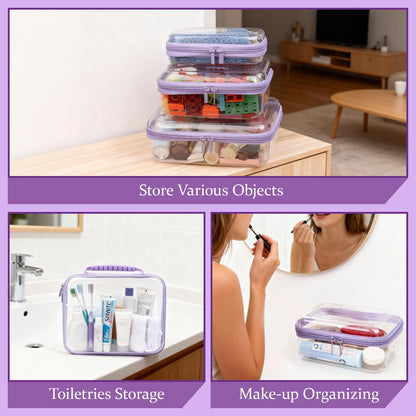 JeeVoya 3 PCS Clear Zipper Pouches with Handle, Diaper Bag Organizer, Clear Makeup Bags Hardshell Toy Storage Bins with Zipper Toiletry Pouch Bag for Cosmetics Pencils Puzzles, Building Blocks(Purple)
