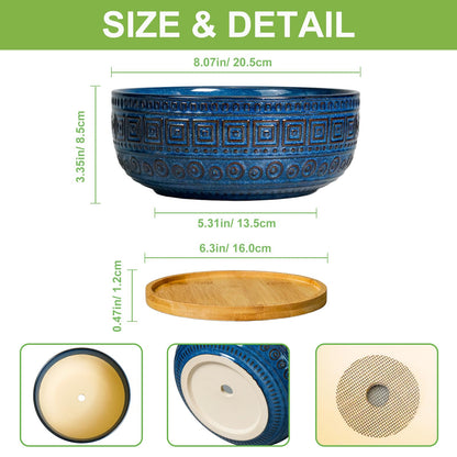 G EPGardening Bonsai Pots 8 Inch - Ceramic Succulent Pots, Round Planter for Indoor Plants, Modern Outdoor Planter with Drainage and Plant Saucer, Boho Home Decor, House Warming Gifts New Home, Blue