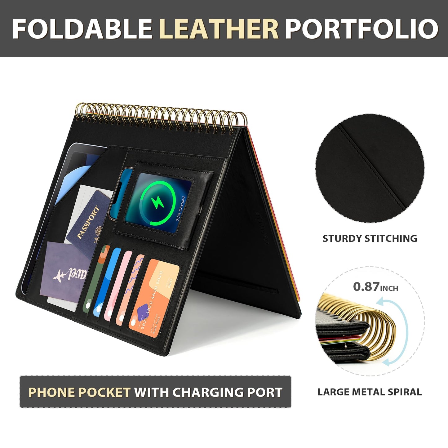 Ospelelf Clipboard with Storage for Men Women, Leather Padfolio Portfolio Organizer 5 Folders with 10 Pockets, Spiral Clipboard Folio with Notepad for Letter Size, Elastic Closure and Pen Loop Black