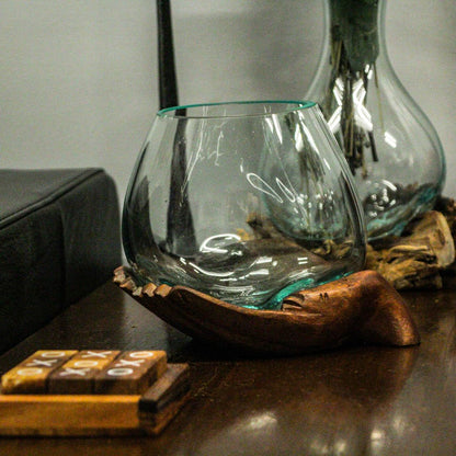 Blown Molten Glass and Carved Wood Hands Decorative Bowls, Vases, and Terrariums, 6 Inches High