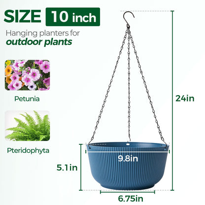 T4U 10 Inch Hanging Planters for Indoor Outdoor Plants, Hanging Baskets for Plants Pack of 2, Self Watering Hanging Pots with Drainage Hole for Garden Home Decor, Blue