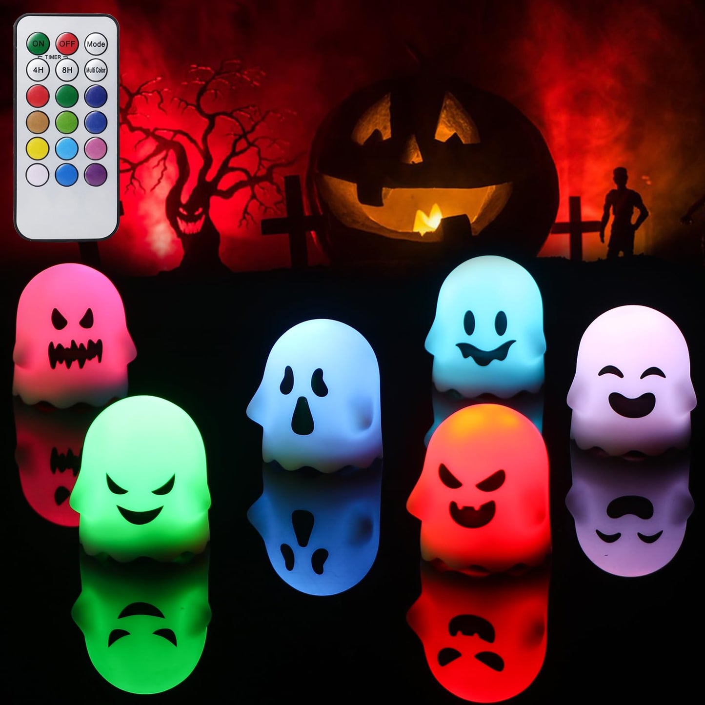 DRomance Halloween Ghost Lights Flameless Candles Battery Operated with Remote and Timer 6 Pack Color Changing LED Small Votive Candles Spooky Halloween Indoor Deocration(2 x 2.4 Inches)