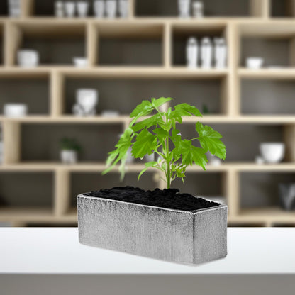 WGVI Long Rectangle Ceramic Planter Vase in Silver Etched 12" x 4" x 4"H, Block Rectangular Terrarium Box Pot, Flower Arrangement, Table top Centerpiece, Home Decor Storage Container, 1 Pc.