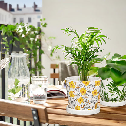 Small Ceramic Pot for Indoor Plants - 5.5 inch Plant Pot with Drainage Hole and Saucer Yellow Flower Decorative Planter Indoor Outdoor Pots for Succulent Cactus Pothos Plant Windowsill Home Garden