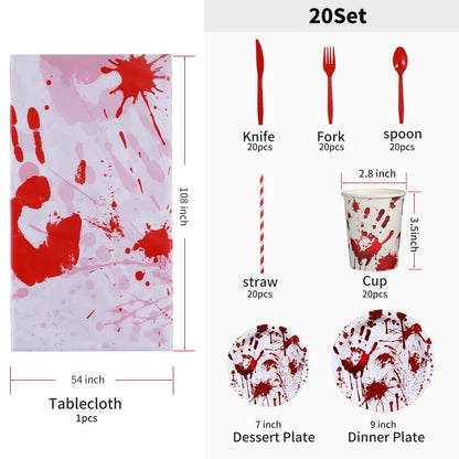 Halloween Party Supplies Dinnerware Decorations - Bloody Zombie Tablecloth, Paper Plates, Cups, Straw, Napkins, Cutlery - Horror Halloween Birthday Party Decorations Tableware Serves 20 Guests-161CT