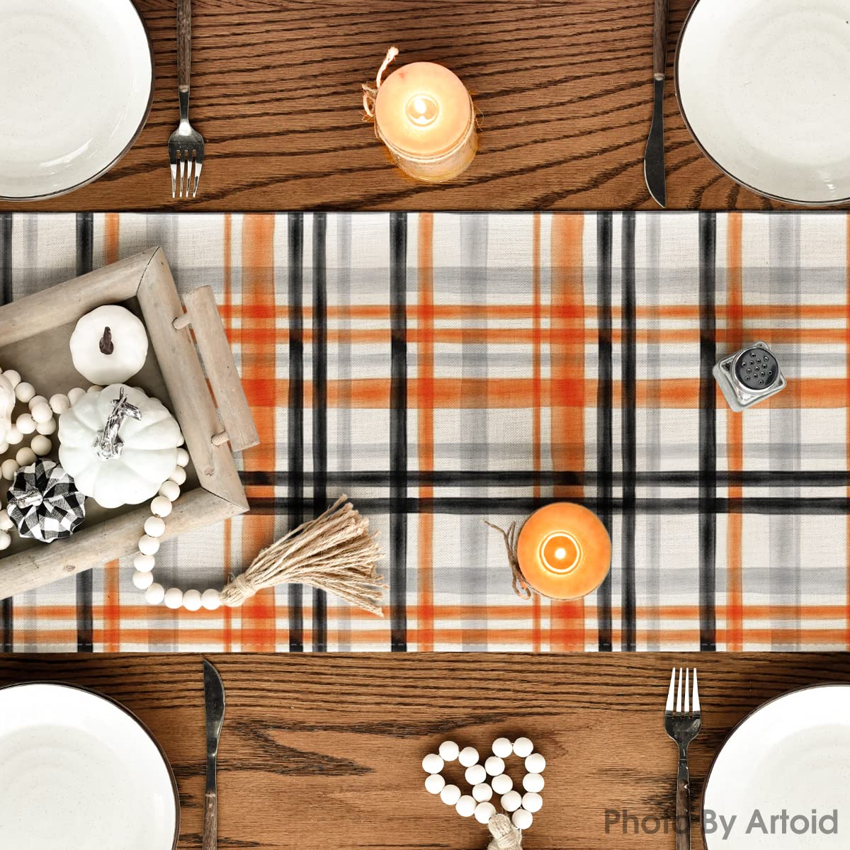 Artoid Mode Orange Black Buffalo Plaid Fall Table Runner, Halloween Kitchen Dining Table Decoration for Outdoor Home Party 13x120 Inch