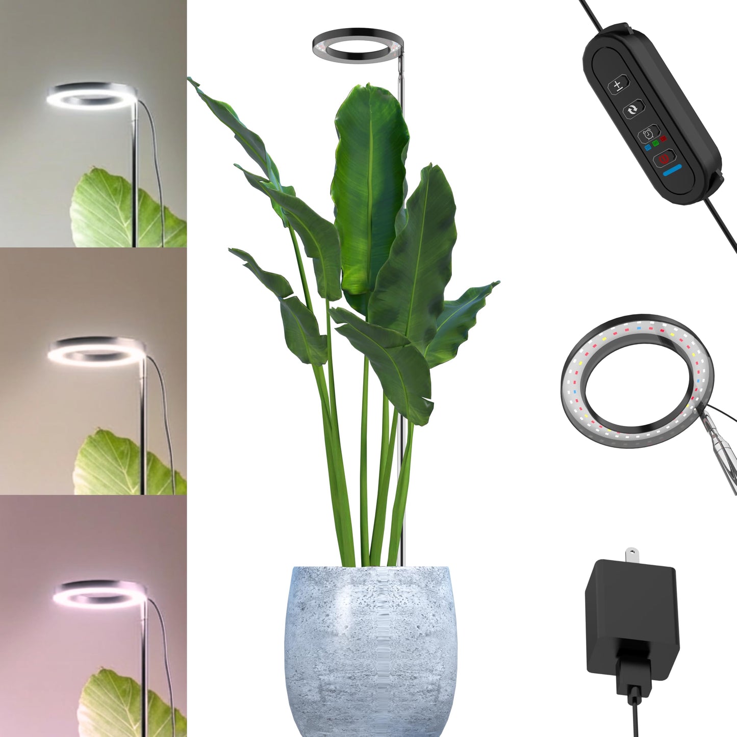 Grow Light in Pot, Full Spectrum LED Plant Grow Light, Height Adjustable, Inline Control for 3 Color Modes Selectable, Auto Timer 3/9/12 Hours, 10 Brightness Levels, USB Plug, for Large Tall Plants