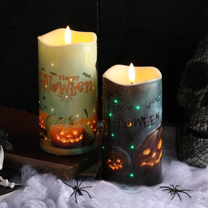 Eywamage Fiber Optic Halloween Flameless Candles, Spooky Pumpkin LED Pillar Candles with Remote, Battery Operated, Set of 2