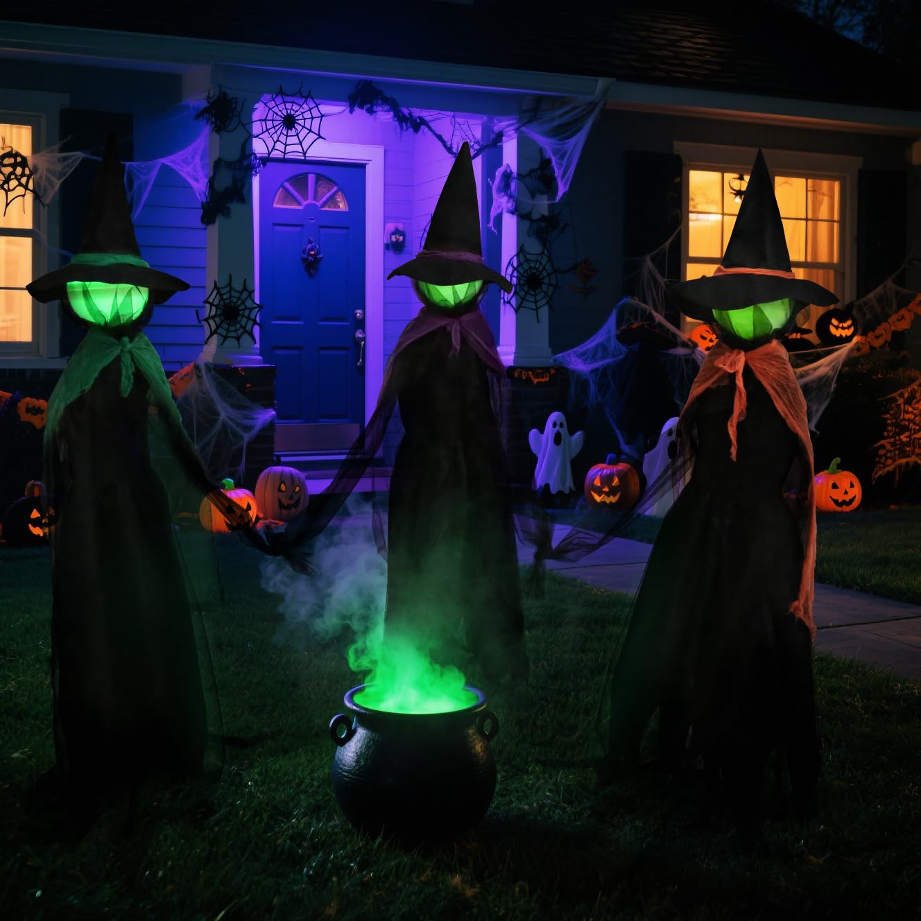 56In LED Set of 3 Black Witches with Stakes Light Up Witches Holding Hands Garden Decor Scary Halloween Decorations Outdoor Yard