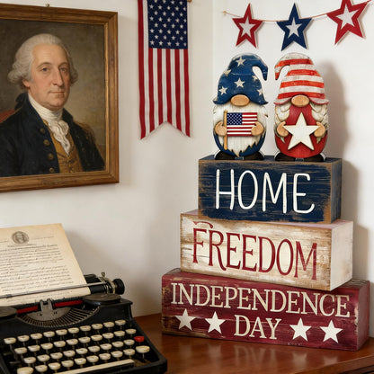 4th of July Table Decorations Patriotic Memorial Day Tiered Tray Decor Wooden Gnome Block Signs Independence Farmhouse 250th July Fouth Centerpiece for Tables Wooden Sign for Home Decor