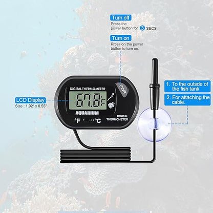 5pcs Aquarium Thermometer LCD Digital Fish Tank Thermometer with Water-Resistant Sensor Probe and Suction Cup for Turtle Incubators Terrarium Water Thermometer