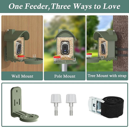 Bird Feeder with Camera, 3K Smart Bird Camera with AI Identification & Bird Bath, Solar Powered Wireless Outdoor Bird House with Spill-Proof Net, Ideal Backyard Watching Gift to Bird Lovers