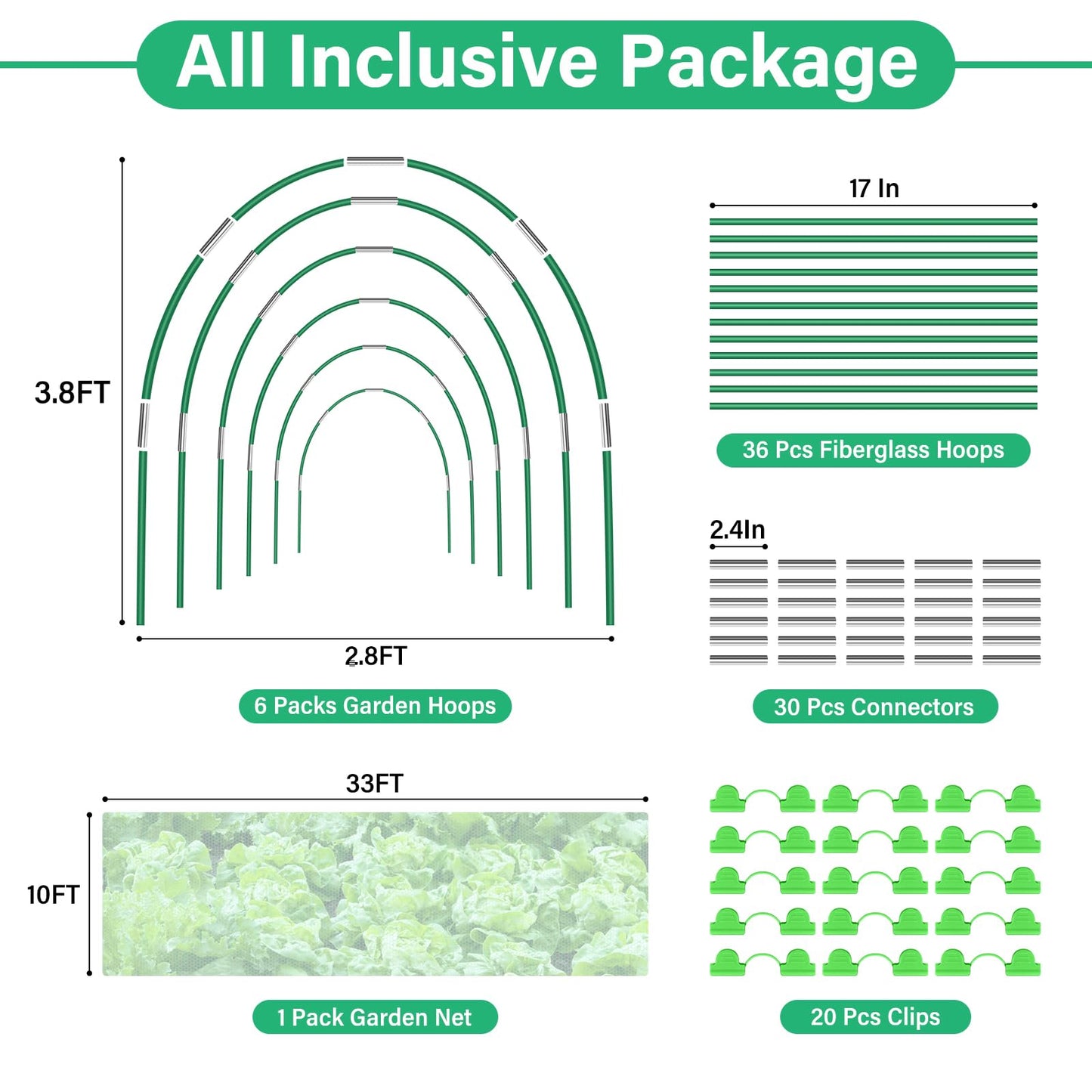 Sunwinx Garden Mesh Netting Kit for Raised Beds, 10x33FT Ultra Fine Mesh Netting& 6 Sets 8FT Fiberglass Garden Hoops, Insect Netting Row Cover, Pest Barrier Protection for Vegetable Fruits Flowers