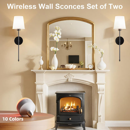 IRONPAX Wall Sconces Battery Operated Set of 2, Wireless Rechargeable Wall Sconce Set of Two, Dimmable Wall Lights with Remote for Bedroom Living Room Hallway Decor (Black, Fabric Shade)