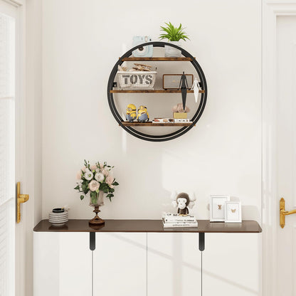 BCOZLUX Floating Shelves, 3 Tier Decorative Geometric Circle Metal and Wood Wall Shelves, Bathroom Shelf Round Wall Decor, Rustic Brown