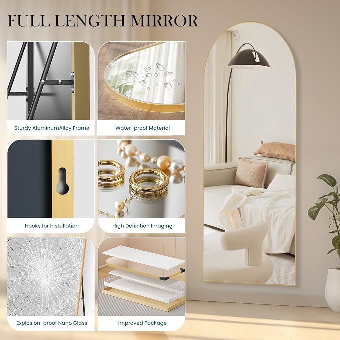 NEWBULIG Arched Mirror Full Length, 64"x21" Body Wall Mirrors with Shatter-Proof Glass, Upgraded Floor Standing Mirror, Hanging or Leaning, with Stand Aluminum Alloy Frame for Home Decor, Gold