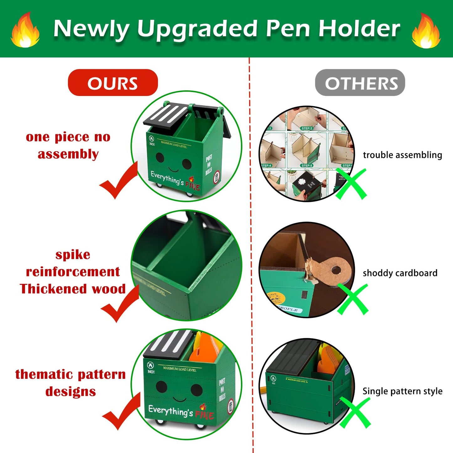 PUNICA Dumpster Fire Pencil Holder with 100 Pcs Flame Note Cards, Funny Office Desk Accessories Decor, Great Gifts for Coworkers Teacher - Green (Already Assembled)