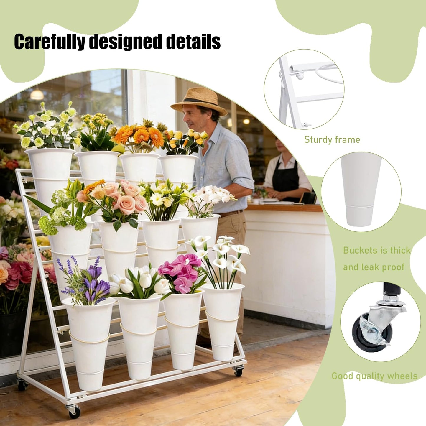 Flower Display Stands With Buckets, With 12pcs Buckets, 3-Tier Rolling Flower Bar,Heavy Duty Metal Flower Cart,For Indoor/Outdoor Use, Wedding Decor & Florist Displays (A - White frame, white bucket)