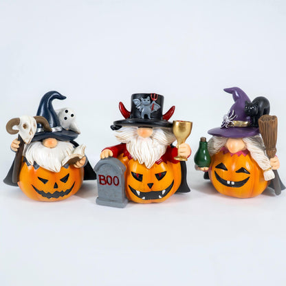 WZAPPKEW 3PCS Halloween Gnomes Figurines Decor Pumpkin Themed Handmade Resin Gnome Halloween Decor Vampire Wizard Witch Gnomes Gifts for Women Home Decor Statue for Tier Tray (Pumpkin)