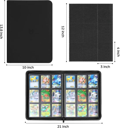 Card Binder 9 Pocket with Zipper, 648 Pockets Trading Card Holder Book, Premium PU Cover Zip Folder Binder, Side Loading Carrying Case Binder Album for TCG, MTG, Sports Cards, Game Cards
