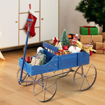 Goplus Wagon Planter, Decorative Wooden Garden Planter with Wheels, 2 Planting Sections and Adjustable Handle, Indoor Outdoor Backyard Balcony Decor (Blue)