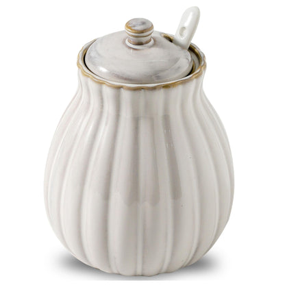 Seyatoo Sugar Bowl with Lid and Spoon, Ceramic Sugar Container for Coffee Bar, Sugar Jar Holder Sugar Dispenser Bowl for Sea Salt, Spice and Sugar, Glazed White