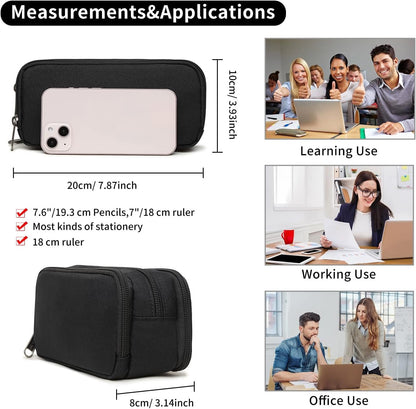Della Gao Large Capacity Pencil Case, Aesthetic Pencil Pouch with 3 Compartments Nylon Storage Pen Bag Office Stationery Organizer for Women and Men(01-3BK)